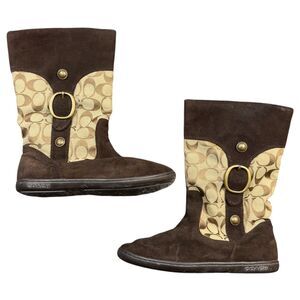 Coach Meyer Signature Boots Women's Khaki Chestnut Brown C Logo Suede Pull-On